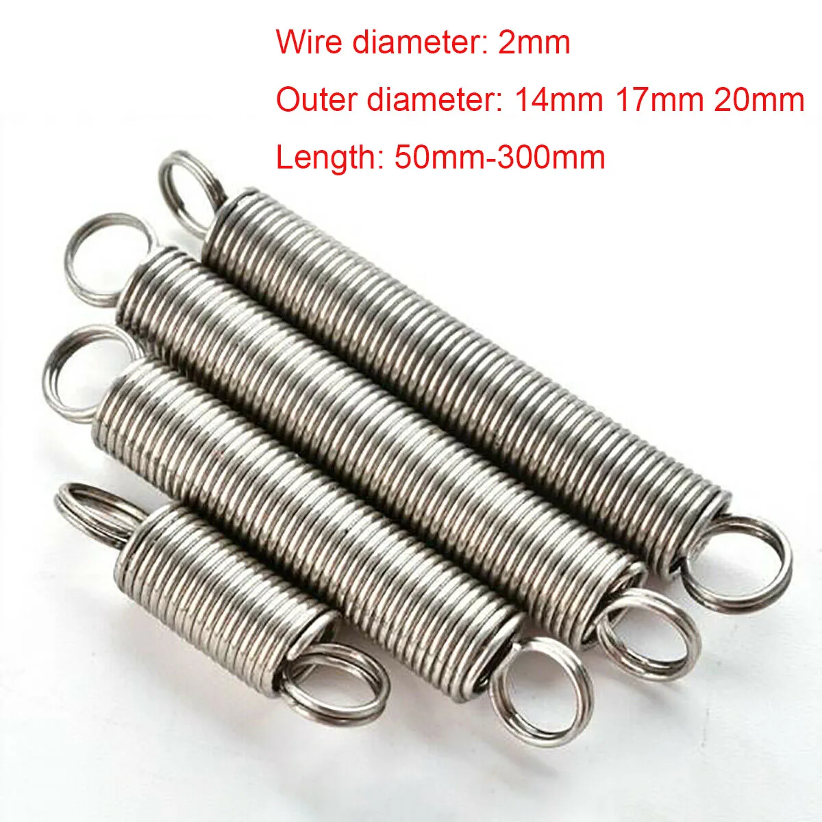 1Pcs 2mm Wire Dia 304 Stainless Steel Dual Hook Tension Extension Spring Outer Dia 14/17/20mm Length 50mm - 300mm