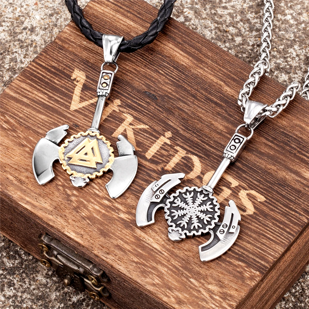 Vikings Double Edged Axe Necklaces Men Stainless Steel Norse Runes Hatchet Compass Pendant Amulet Punk Scandinavian Jewelry Gift