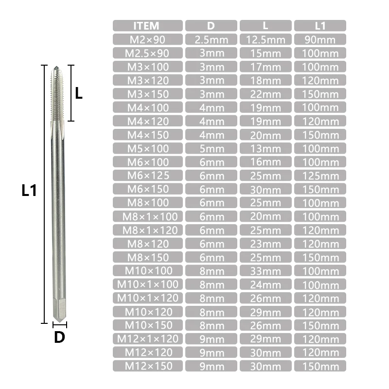 Thread Tap Long Shank M2-M12 Metric HSS Spiral Flute Taps 90-150 Long For Metalworking Tools Thread Tap Drill