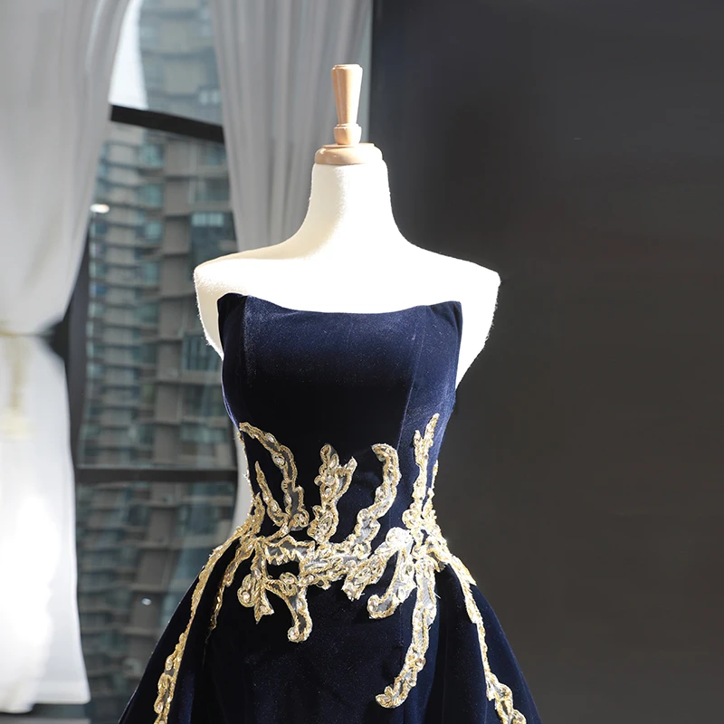 Robe de soirée à paillettes dorées, sans bretelles, en velours, bleu marine, grande taille, noire, pour mariage