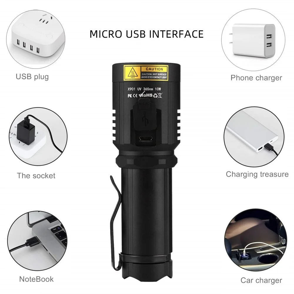 10W 365nm UV Flashlight Ultraviolet Ultra Violet Rechargeable Torch Money Ore Scorpion Pet Stains Cat Tinea Detection X901UV