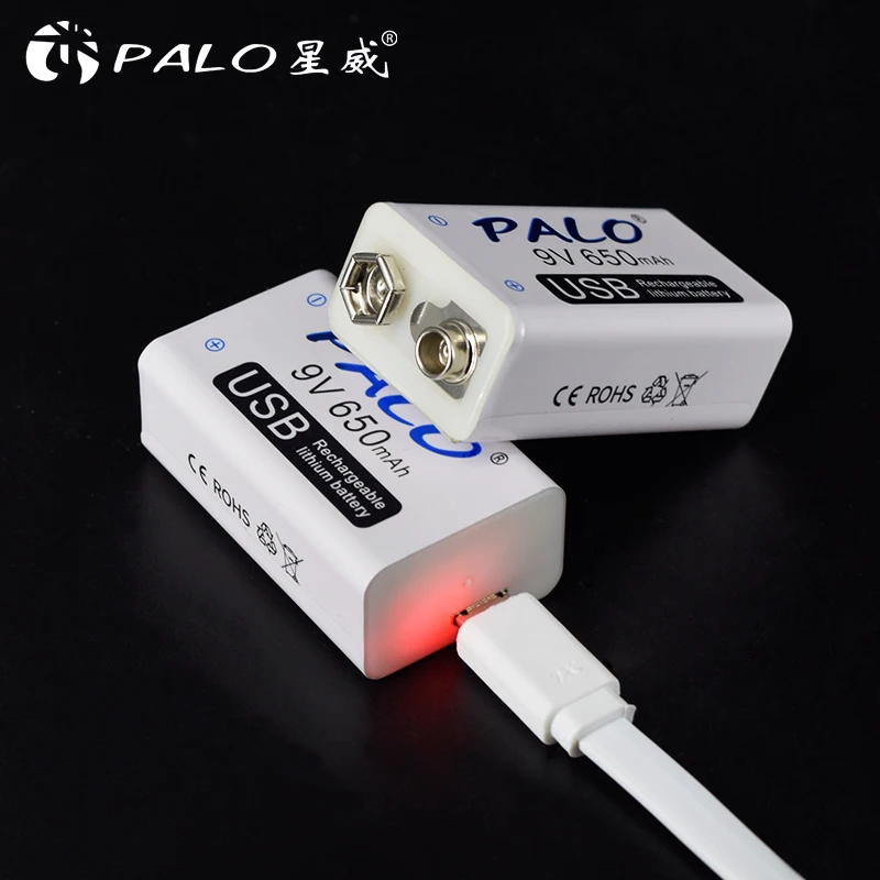 PALO-16-50 개 9V 충전식 배터리 650mAh 6F22 9v 리튬 이온 배터리, 마이크 스캐너 용 Usb 포트 포함 AVO 미터 멀티 미터 9V