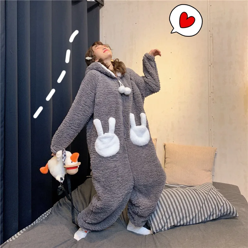 Winter Thicken Onesie Pajamas Women Warm Plush Kawaii Animal Rabbit One Piece Cosplay Bunny Homewear Sleepwear Jumpsuit Costume