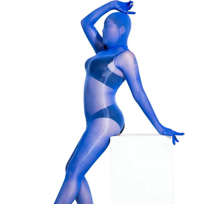 Sexy Thin 8D Full Body Stockings For Women Crotchless Sheer See Through Jumpsuit With Hood Oil Shiny Glossy Zentai Stage Outfits