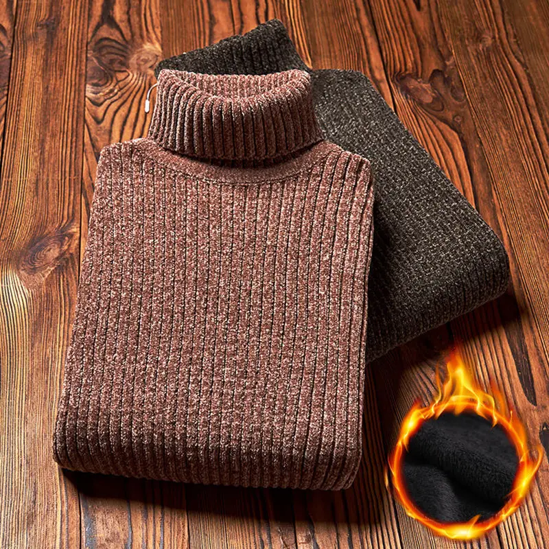 2023 Winter Super Warm Sweater Men\'s Turtleneck Slim Soft Fleece Pullover Solid Knitted Plus gold velvet thickening Sweater Men