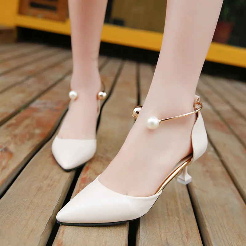 Spring New Foot Ring Beaded Women's Single Shoes Pointed Shallow Mouth Wrap Heel Women's Shoes Thin Heel Wrap Toe Women's Shoes