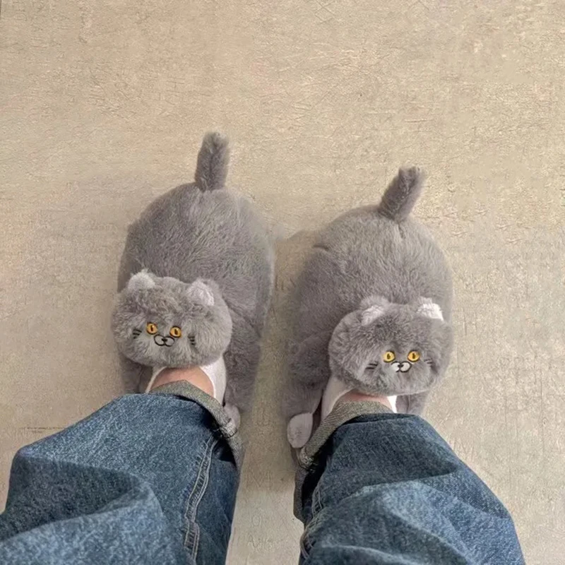 Cute Kitten Winter Slippers Woman Mules Shoes For Home Women's Funny Animal Shoes With Cats And Fur Fluffy Slipper Free Shipping