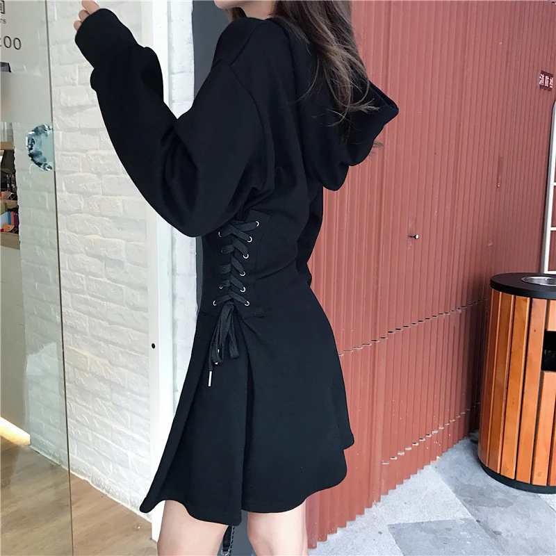 

Spring 2024 Hooded Dress Women Lace Up Waist Slim Black Gothic Dress Female Short Mini Harajuku Streetwear Vestidos