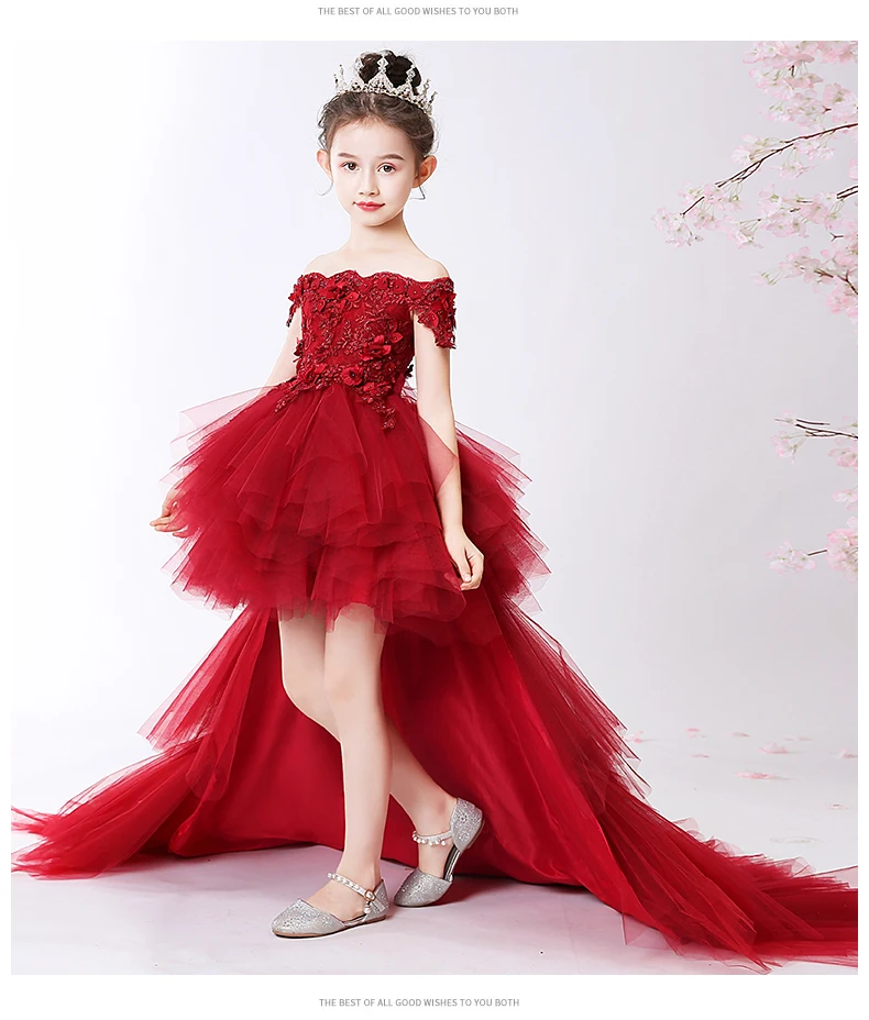 Flower Girl Bead Decoration Dress Trailing Girl Wedding Party Pageant Dress Ball Beauty Off Shoulder Kids Princess Dresses