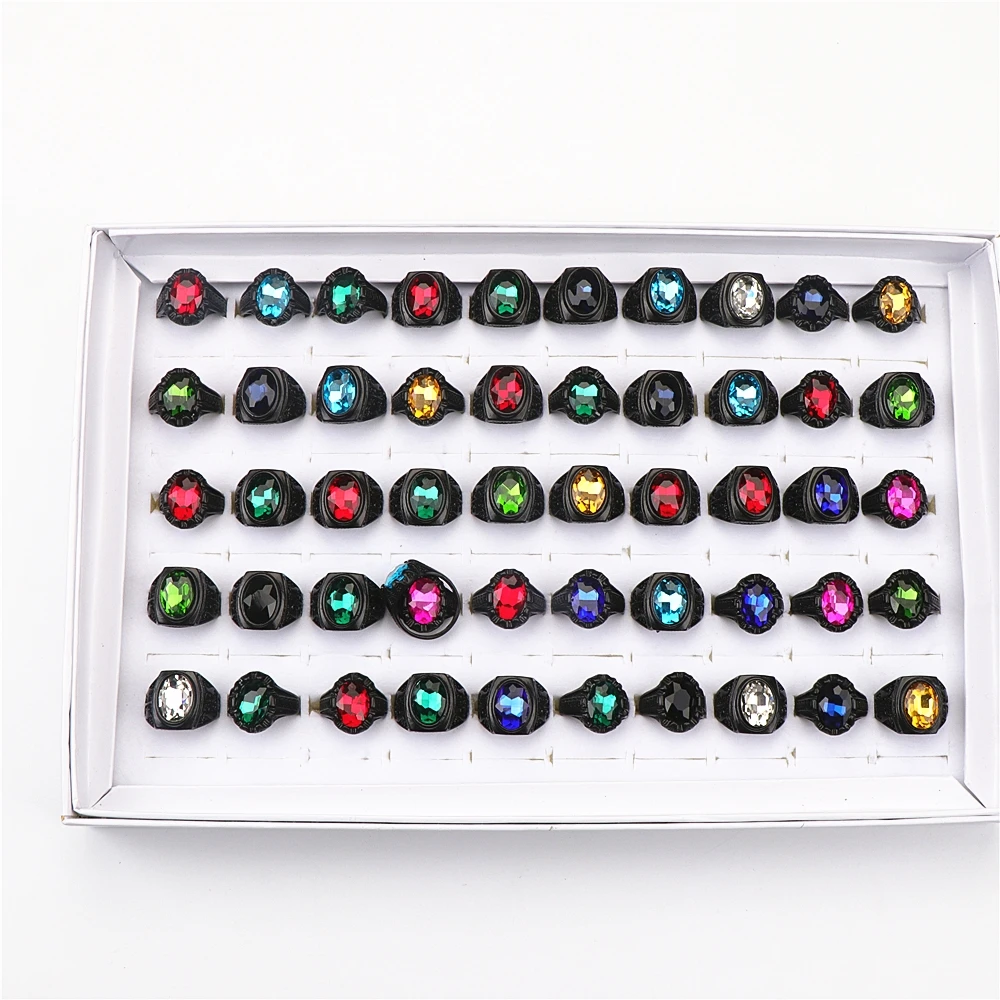 10Pcs/Lot Fashion Glass Colorful Imitation Gemstone Jewelry Rings For Men Women Mix Style Party Gifts