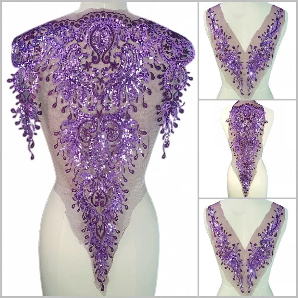 Purple Bodice Ornamental Clothes Women Lace Sew on Sequins Crystals Design Patches Appliques For Couture Gowns Costume Accessory