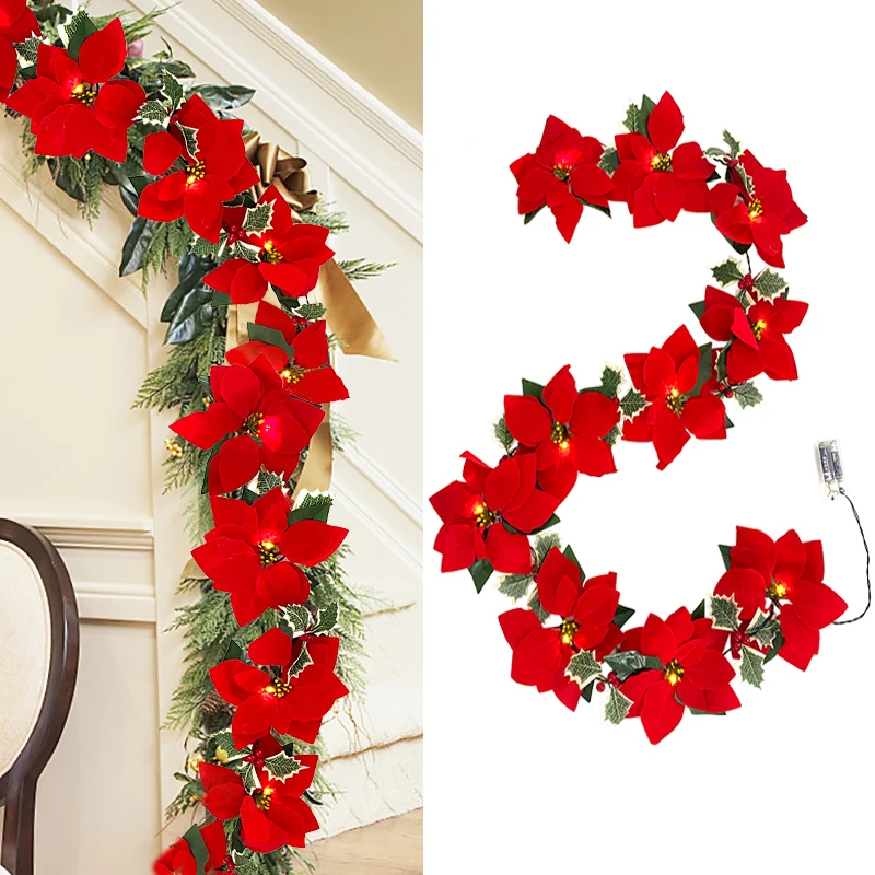 

6.5ft Artificial Poinsettia Christmas Flower String with Lights Christmas Indoor Outdoor Decor Flower LED Ornament for Xmas Tree