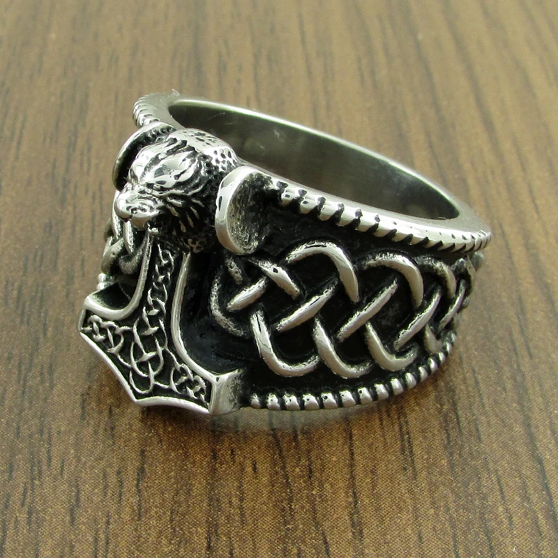 Gothic Silver Color 316L Stainless Steel Viking  Thor Hammer Celtics Knot Ring Men\'s Nordic Lion Mjolnir Rings