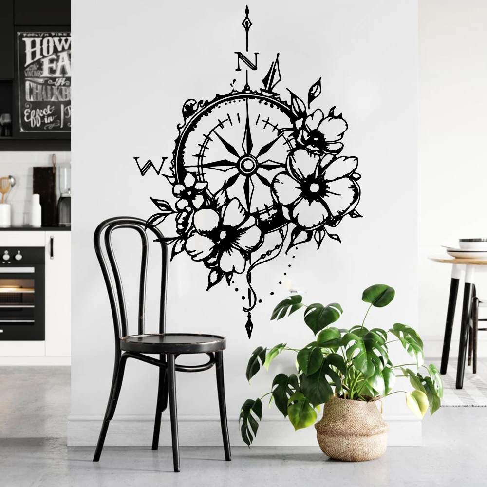 Beauty Boho Floral Compass Rose Wall Sticker Kids Room Bedroom Flower Travel Camping Explore Wall Decal Living Room Vinyl