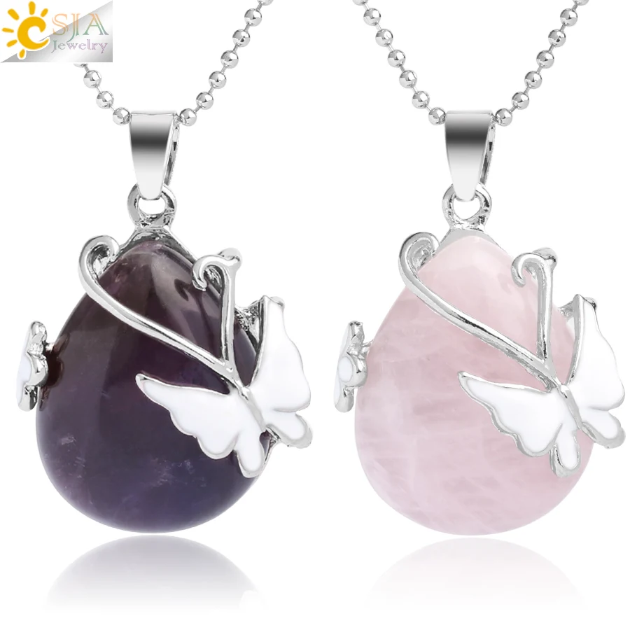 CSJA Water Drop Natural Stone Pendant Butterfly Necklace Pink Quartz Purple Crystal Tiger Eye Flower Necklace for Women Men G082