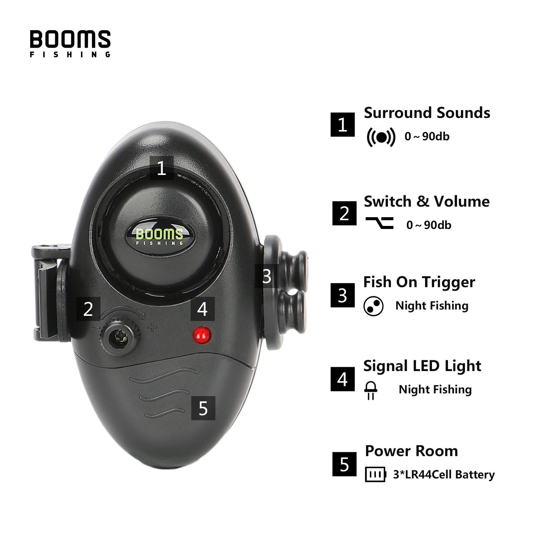 Booms Fishing E02 Bite Alarm Fishing Signalizator Carp Fish Indicator with LED / Sounds Battery Include 4 sets