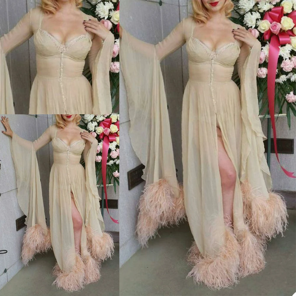 Women's Fur Robe Custom Made Soft Ruffled Long Sleeves High Side Split Pajamas Dresses Maternity Party Gowns Sleepwear Bathrobes