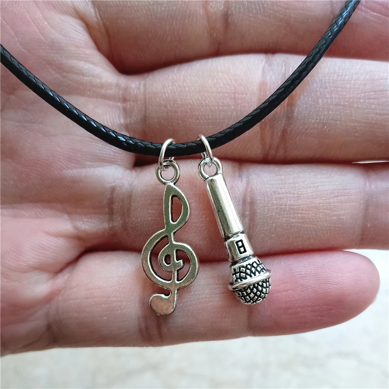 Music Note Charm Choker Necklace, Black Leather Choker, Microphone Pendant, Music Lover Pendant Necklace