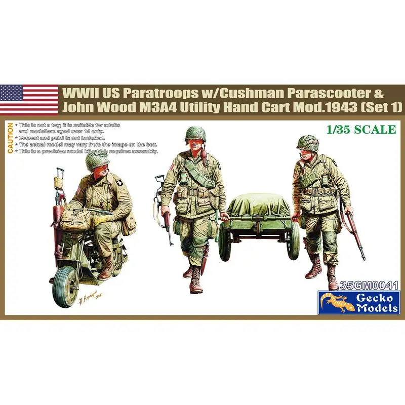 Gecko Models 35GM0041 1/35 WWII US Paratroops w/Cushman Parascooter & John Wood M3A4  Utility Hand Cart - Scale Model Kit