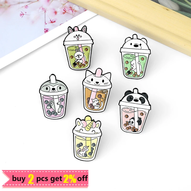 Bubble Milk Tea Enamel Pins Animal Cup Lid Super Cute Brooches Badges Clothes Bag Lapel Pin Cartoon Jewelry Gift for Friends