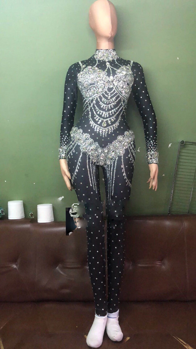 Sparkly Crystals Nude Jumpsuit Stretch Stones Outfit Celebrate Bright Rhinestones Bodysuit Costume Female Singer Birthday Dress