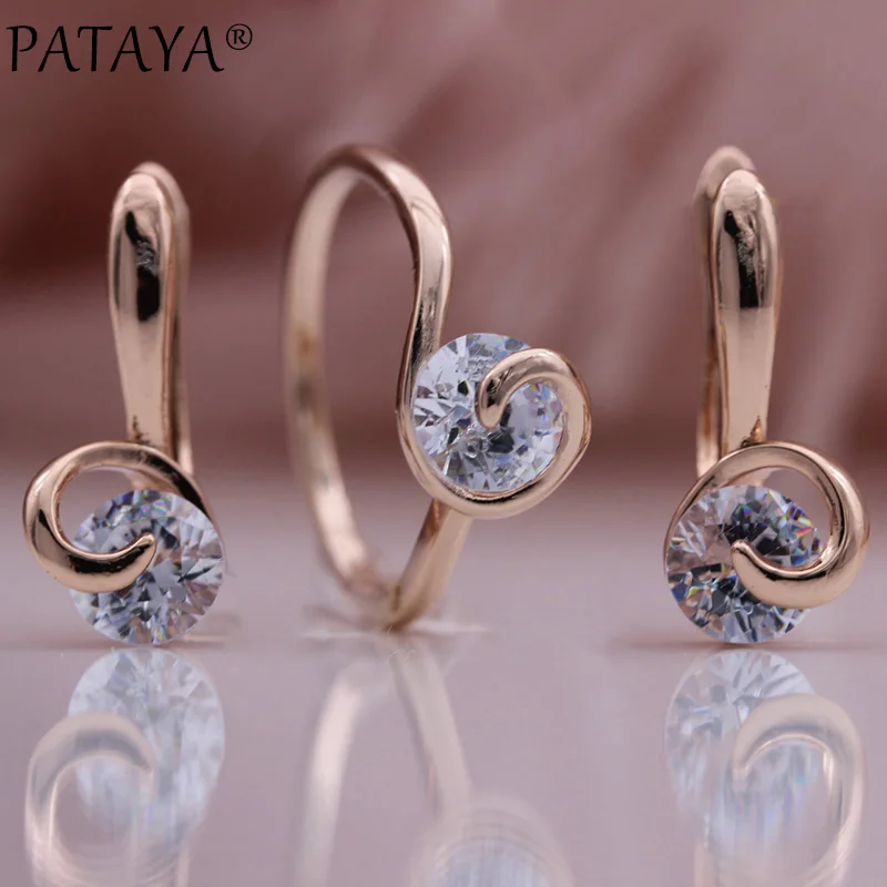 PATAYA New Fashion Jewelry Set 585 Rose Gold Color Natural Zircon Dangle Earrings Ring Sets Romantic Wedding Women Noble Gift