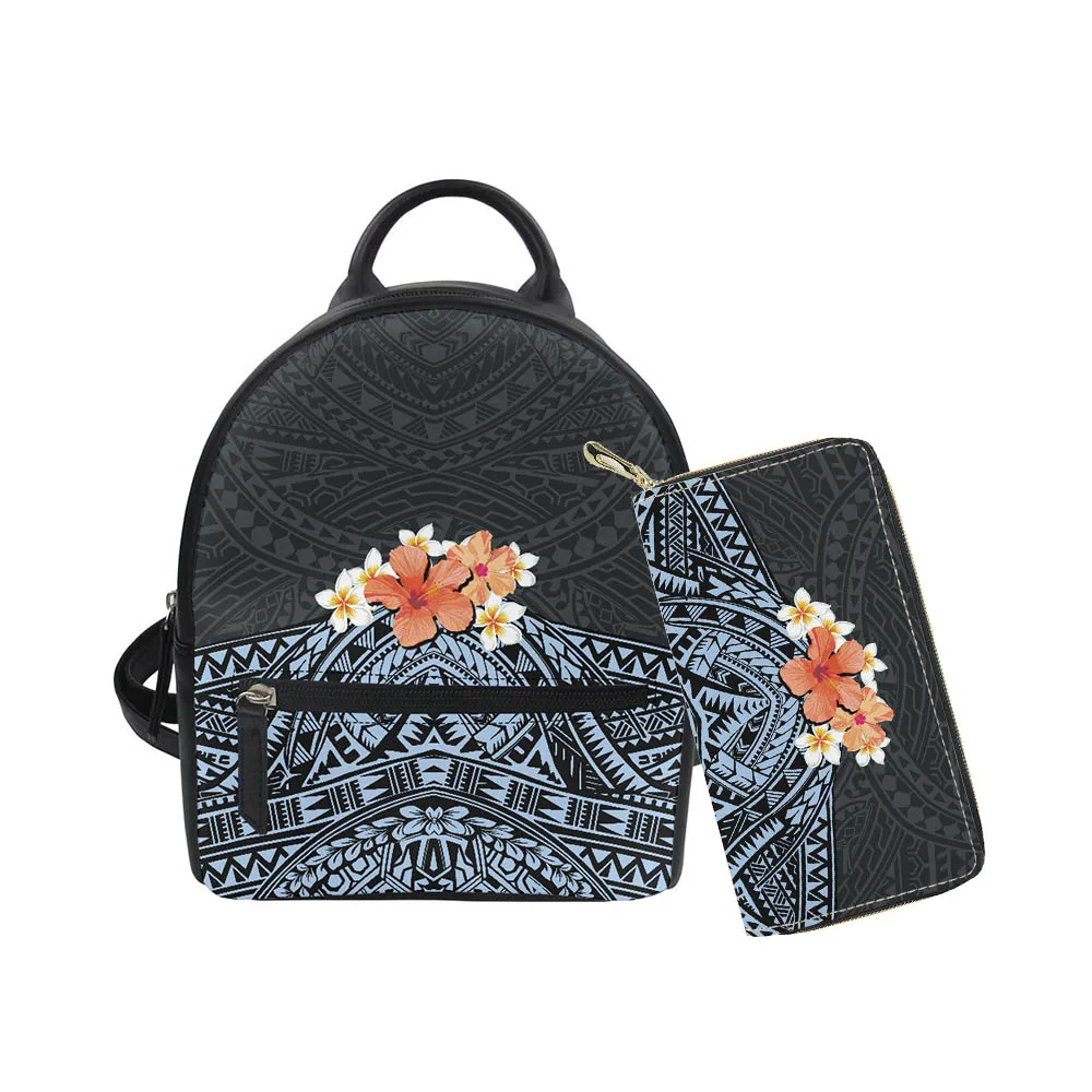 Hycool Women's Leather Backpack Polynesian Tribal Hawaii Floral Pattern Casual Fashion Women's Bag Pu Leather Women Backpack