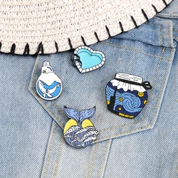 Blue Enamel Pins Whale Light Bulb Water Tank Waves Swimming Pool Brooches Cartoon Badge Denim Jackets Lapel Pin Jewelry For Kids