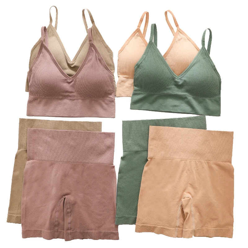 Women Seamless Bra Panty Set High Waist Sports Shorts Female Underwear Set Comfort Ribbed Fitness Bra Top Sportswear Crop Top