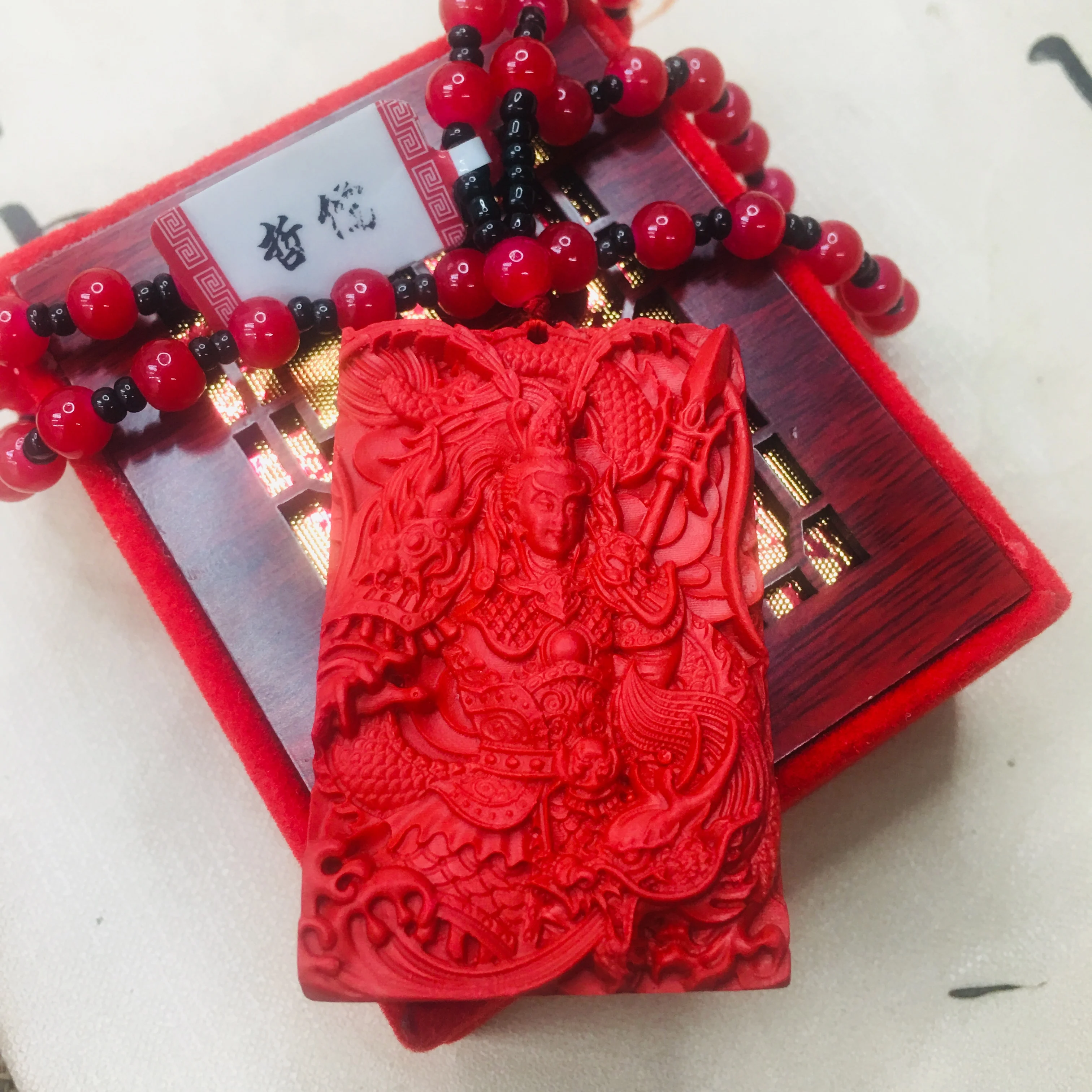 Zheru natural cinnabar carved red warrior pendant with cinnabar bead necklace exquisite men and women sweater chain