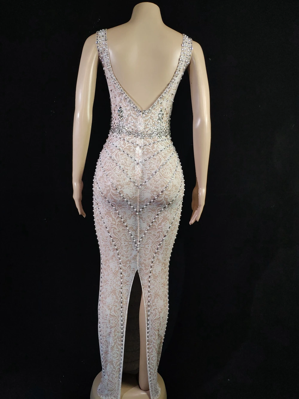 Vestido transparente de malla con perlas y diamantes de imitación plateados para mujer, traje de fiesta de graduación, vestido largo Sexy para cantante