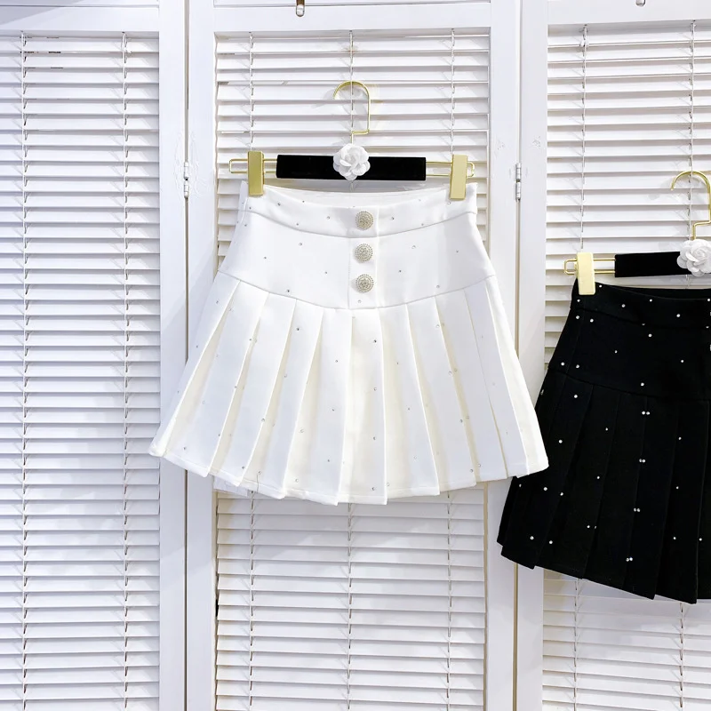 Autumn 2022 New Fashion Womens Casual Vintage High Waist Skirt Korean Style Office Lady Concise Elegant Solid Pleated Skirt