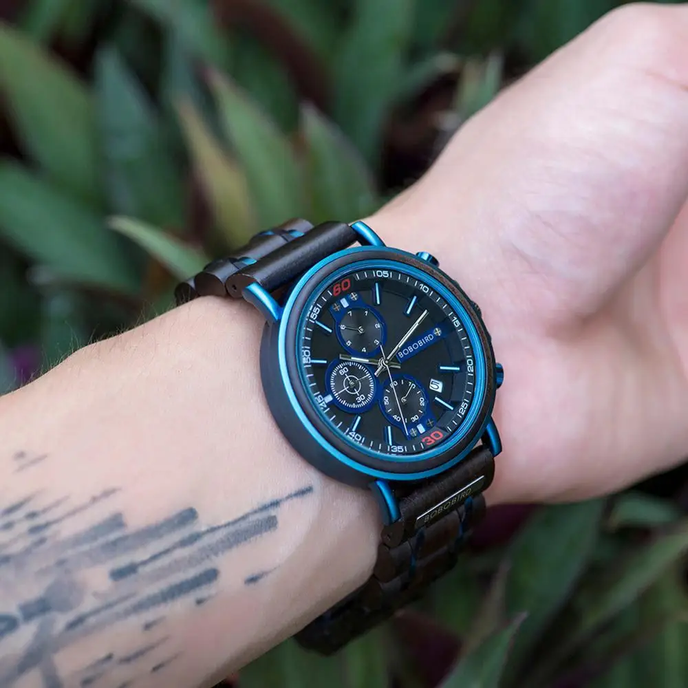 BOBO BIRD, logotipo personalizado con nombre, reloj de madera personalizado para hombre, cronógrafo de lujo de marca superior, relojes militares,