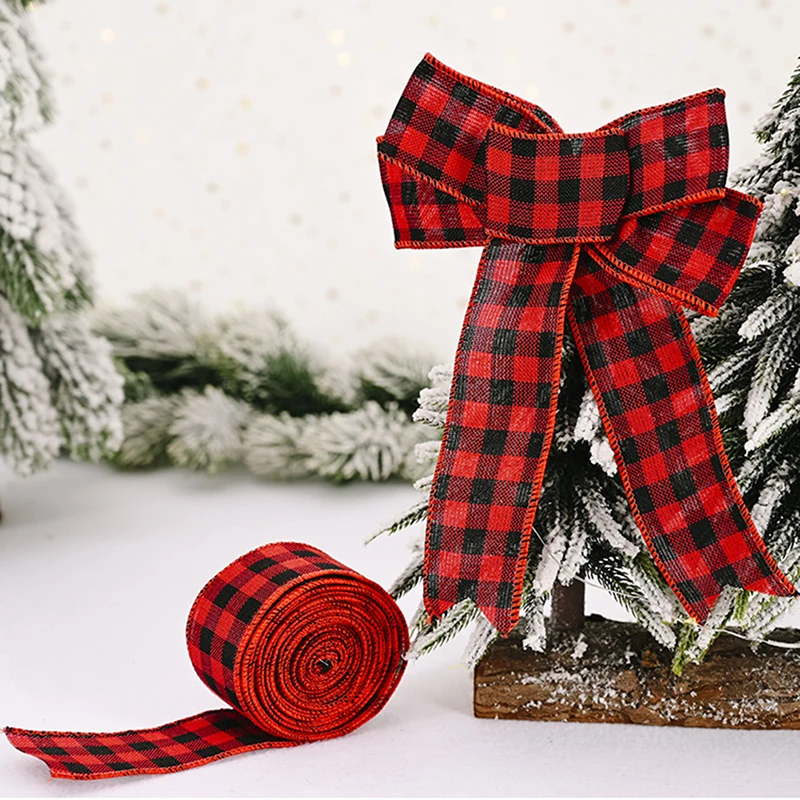 2Pcs Christmas Ribbon Red Black Plaid Linen Ribbons Christmas Tree Bow Decorations For Home Xmas Gift Wrapping Ribbon Noel