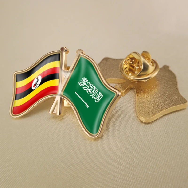 Saudi Arabia and Uganda Crossed Double Friendship Flags Lapel Pins Brooch Badges