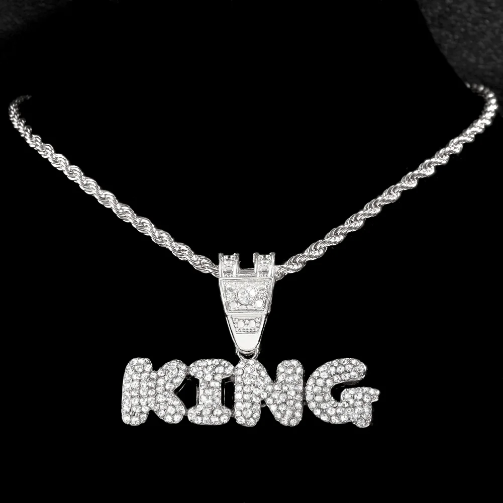 Iced Out Bling KING Letter Pendant Necklace 13mm Miami Cuban Link Chain Full Rhinestones Necklaces Men Male Hiphop Charm Jewelry