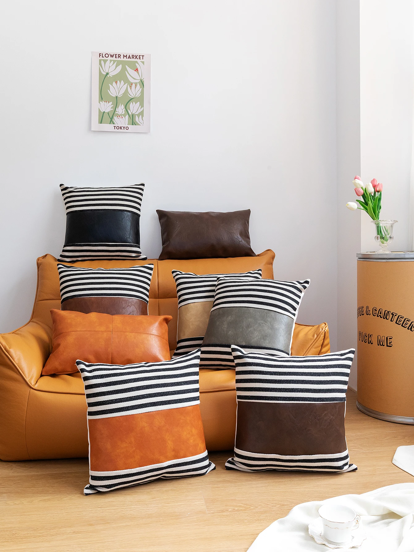 

Striped fabric stitching PU hit color sofa cushion cover 1 piece No filler, single size price