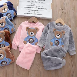 Cute Bear Autumn Flannel Boys Clothing Sets Keep Warm Coat And Pants Girls Suits Spring Home 1 2 3 4 5 Years Old Kids Clothes