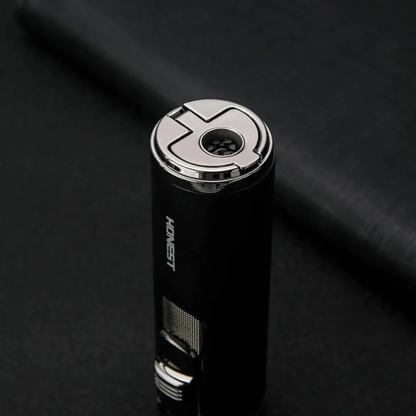 Cylindrical Metal Windproof Gas Lighter Red Flame Four Nozzle Spray Gun Multifunction Cigar Butane Lighters Cigar Drill