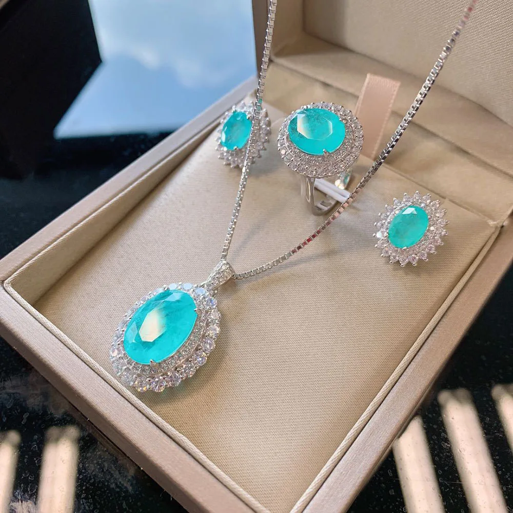 Vintage 100% Solid 925 Sterling Silver Paraiba Tourmaline Gesmtone Pendant/Necklace/Earrings/Ring Fine Jewelry Set for Women