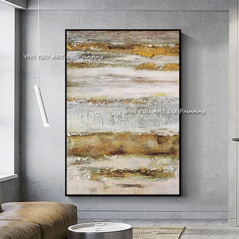 Large Abstract Gray Gold Hand Painted Canvas Oil Paintings Modern Textured Palette Knife Picture Wall Art Home Decoration