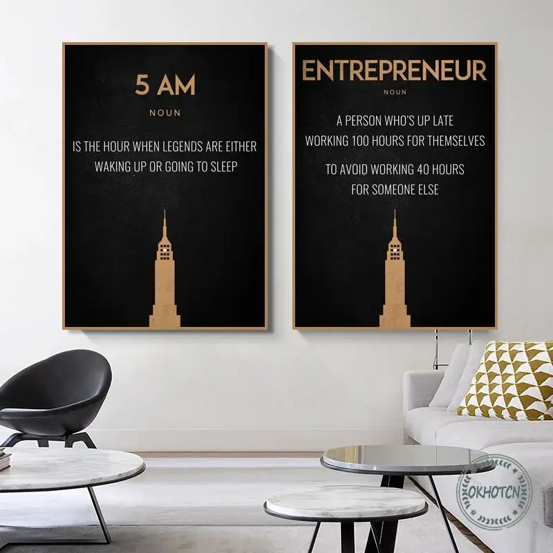 5Am Entrepreneur Noun Letter Canvas Paintings Motivational Quotes City Silhouette Poster Wall Art Picture Modern Office Decor