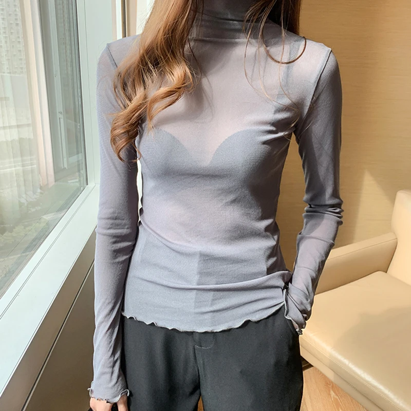 AOSSVIAO 2024 Spring Summer Women\'s Sexy See Through Mesh Blouse Long Sleeve Transparent Turtleneck Shirt Fashion Women Tops