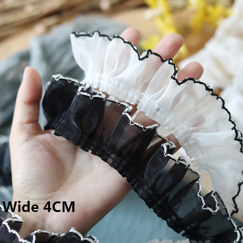 4CM Wide Tulle White Black Organza Pleated Lace Fabirc Ruffle Trim Embroidered Ribbon Curtain Apparel DIY Sewing Fringe Decor