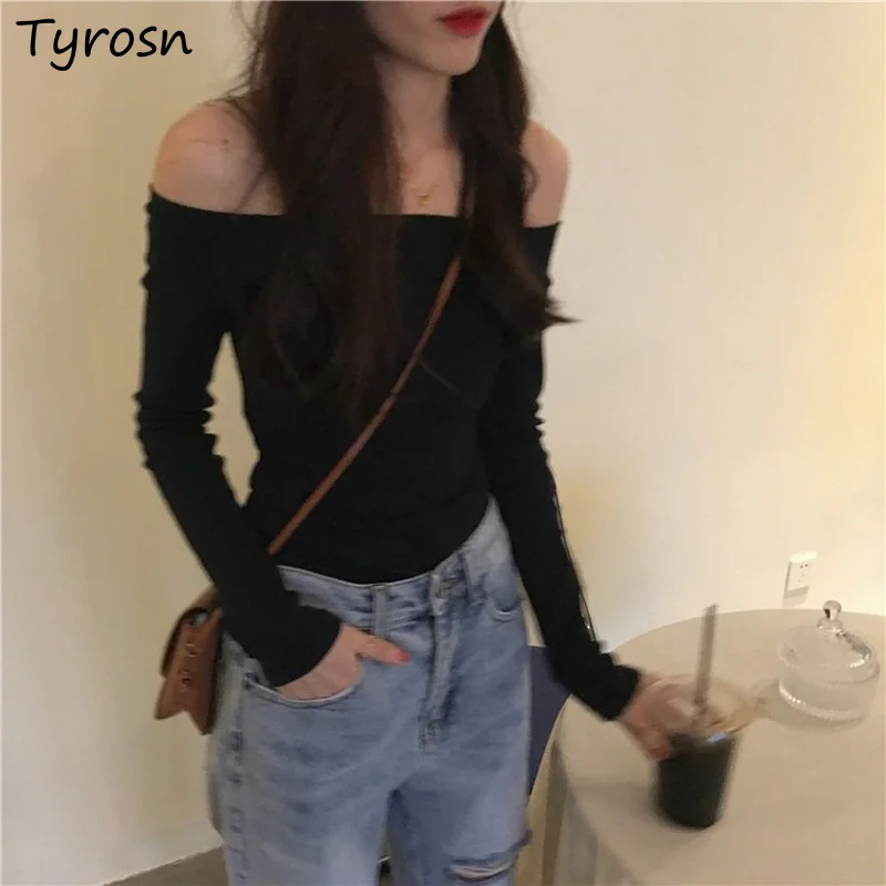 Long Sleeve T-shirts Women Design Sexy Off-shoulder Slim Basic Cropped Tshirts Woman Solid Chic Elegant Slash Neck Tops Ulzzang