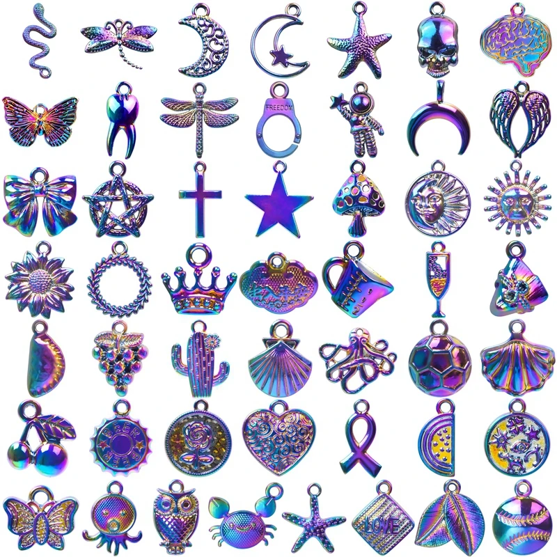 

50pcs Mixed Rainbow Charms For Jewelry Making Supplies Animal Moon Pentagram Pendants Women Men Accessories DIY Alloy Materials