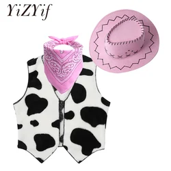 Kid Cowboy Cowgirl Costume Boys Girls Vest Tops Scarf Hat for Children Halloween Christmas Birthday Party Cosplay Fancy Dress Up