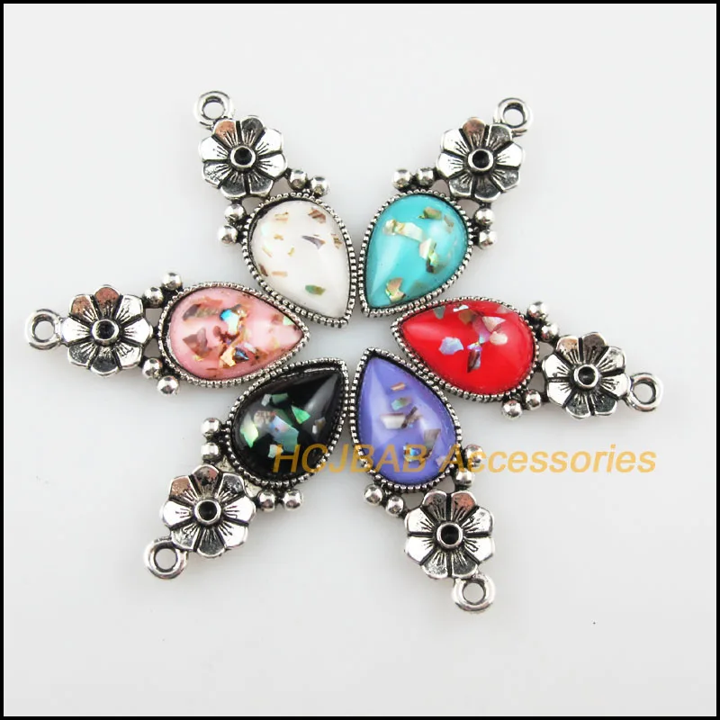 12 New Teardrop Flower Resin Pendants Shivering Mixed Charms Tibetan Silver 13.5x29.5mm