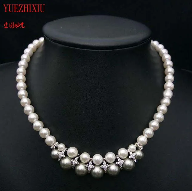 

8MM Round White 10mm Gray Sea Shell Pearl Necklace Women Girls Gifts Beads big 925 Silver collarbone chain Wholesale price