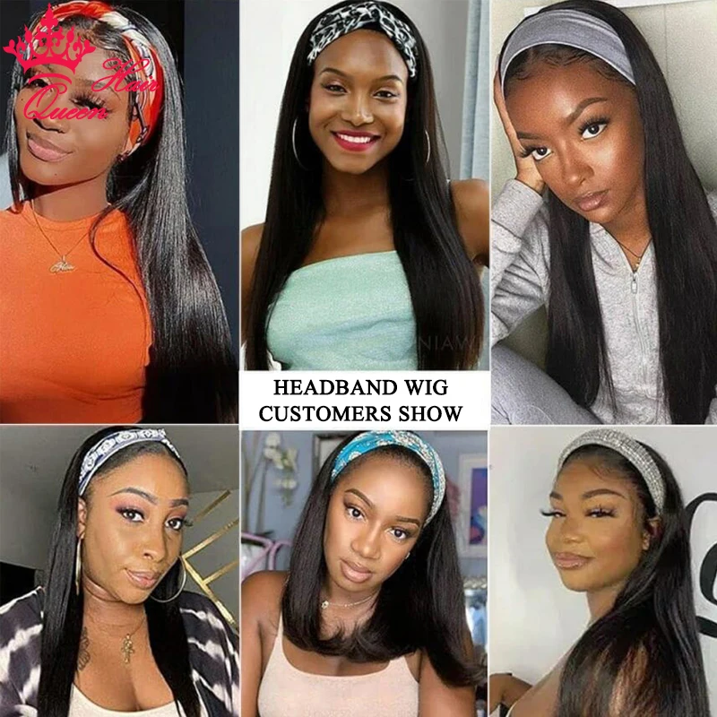 Headband Wig Straight Raw Hair Glueless Full Wig with Bangs Free Headband Scarf Glueless Wig Brazilian Virgin Hair Queen Hair